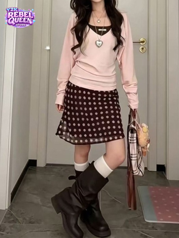 V Neck Cami Top - Kokieteryjny, słodki, koreański 3-częściowy zestaw damski: