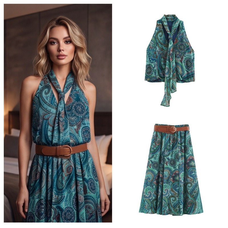 Belted Shirt Dress - Długi zestaw spódnicy z nadrukiem w